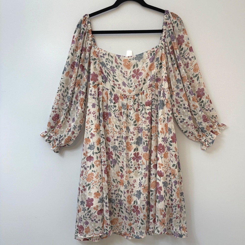 Sweet Lemon Floral Swiss Dot Babydoll Mini Dress w/ Pockets 2X Cottagecore - Picture 2 of 11
